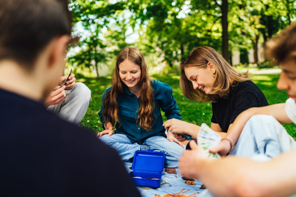 Gruppe Jugendliche spielen Karten auf einer Picknickdecke, lächeln